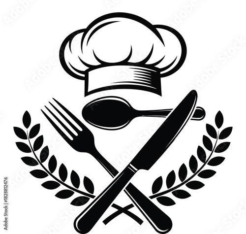 Chef hat and cutlery emblem for restaurant logo in black and white