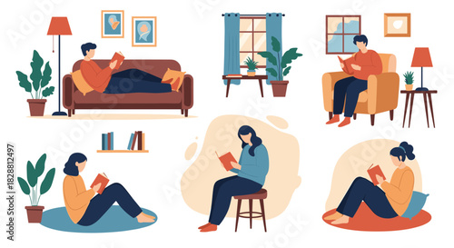 Various people relaxing in different comfortable settings at home, engrossed in reading books, highlighting leisure and quiet enjoyment.