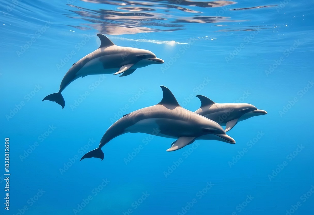 Fototapeta premium Three bottlenose dolphins swimming gracefully in the ocean, animal, marine life