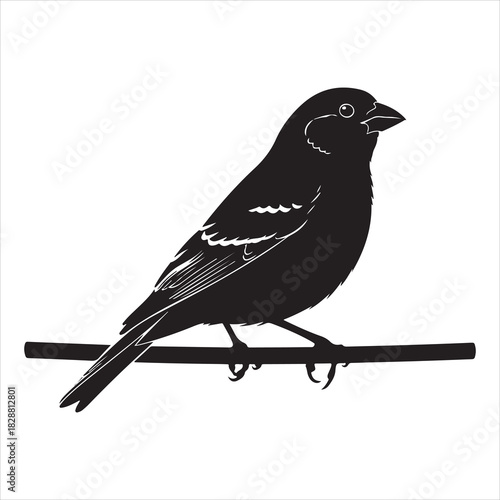 Black and White Sparrow Silhouette Vector Illustration | Detailed Monochrome Songbird Perched on a Branch Graphic | Cute Wildlife Design Element for Logo and Decal