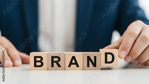 Building a brand with wooden blocks in business setting