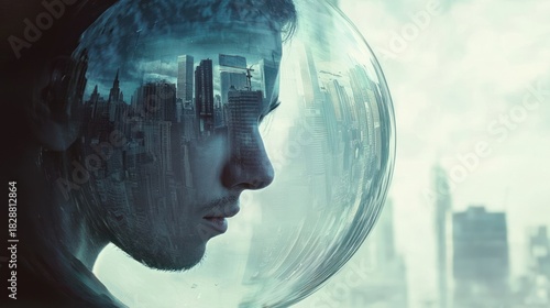 Contemplative Astronaut in Urban Reflection - A Fusion of Space and City.