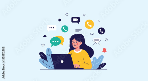A young woman engaged with her laptop is surrounded by diverse digital communication and notification icons, symbolizing modern online work and connectivity.