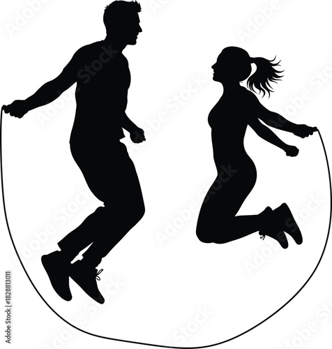 Silhouette of man and woman jumping rope for fitness