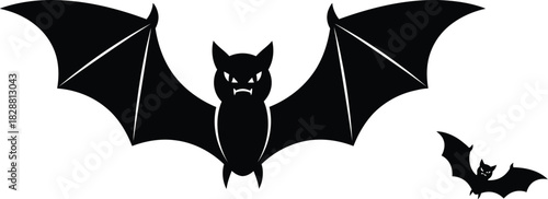 Two black bat silhouettes with spread wings on a white plain background