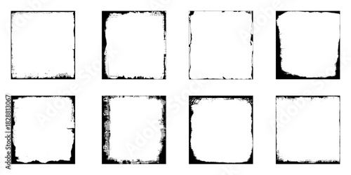Grunge photo frame template collection. Rectangular old rough edge effect border for picture overlay. 