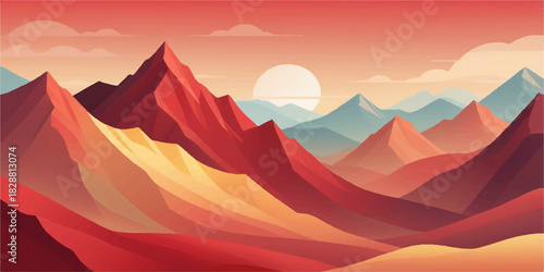 abstract gradient mountains in yellow , red and plum-orange sky, soft contours, open background, professional vector art