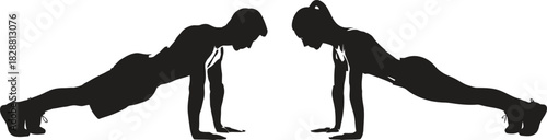 Two people doing push ups silhouette on white background