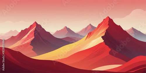 stylish gradient mountain composition in red and yellow layers, softly blended peaks, open sky, premium vector finish