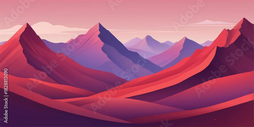 Gradient mountain ranges in coral pink,  dark indigo layers, fluid curved slopes, clean empty sky, elegant vector style