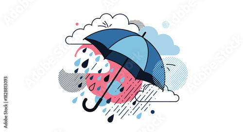 A stylish blue umbrella providing shelter from the falling rain and surrounding clouds, depicted in a modern flat design illustration with abstract shapes.