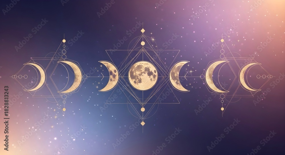 Naklejka premium Mystical moon phases with geometric sacred symbols on cosmic gradient background