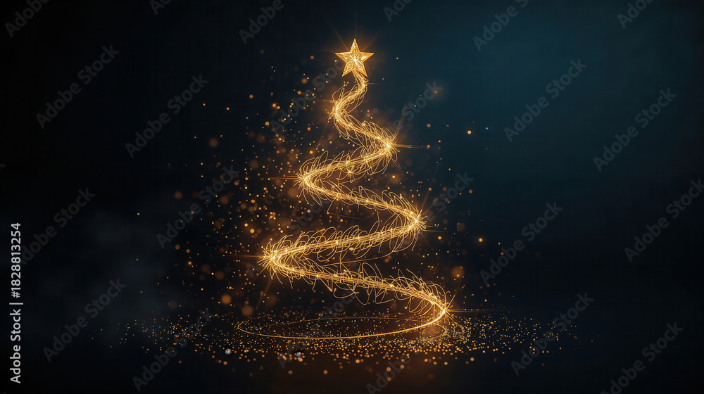 Obraz premium Albero di Natale dorato luminoso su sfondo scuro. Generative AI