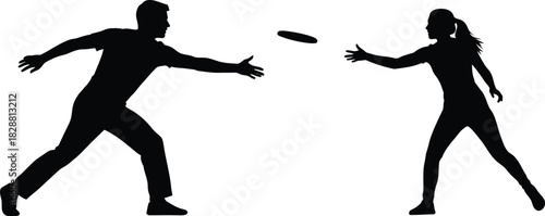 Silhouette of people playing frisbee in a park on white