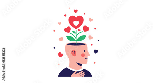 A smiling person with a plant of growing hearts emerging from their head, symbolizing love, positive emotions, and mental well-being.