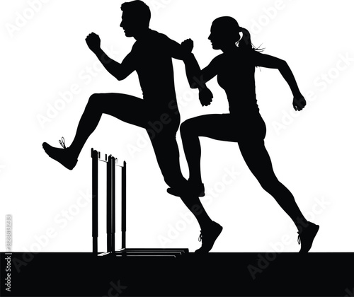 Silhouette of man and woman hurdling in a track race
