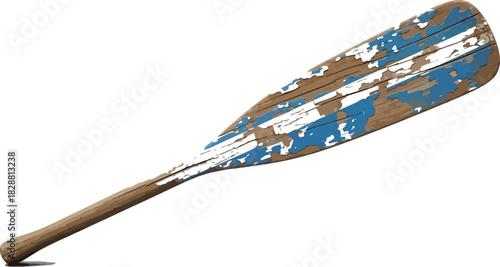 Weathered wooden paddle with peeling blue and white paint on a simple background