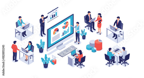 Isometric illustration of a busy corporate office, showcasing diverse employees engaged in data analysis, meetings, and presentations.