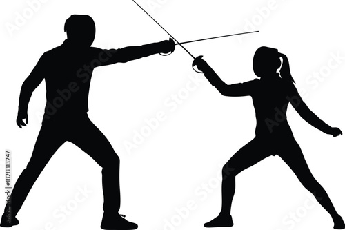 Fencing duel silhouette man and woman engaging in sport