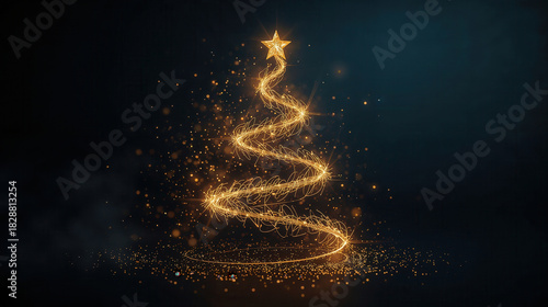 Albero di Natale dorato luminoso su sfondo scuro. Generative AI