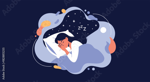 A woman peacefully sleeps in bed, surrounded by a serene, dream-like blue landscape with stars, symbolizing rest and good dreams.