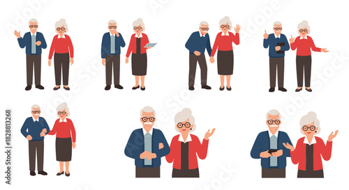 Diverse senior couples engage in various daily activities, showing communication and companionship through different gestures and interactions.