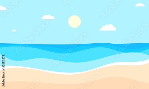 flat beach illustration showing calm ocean waves and bright sky for holiday themes