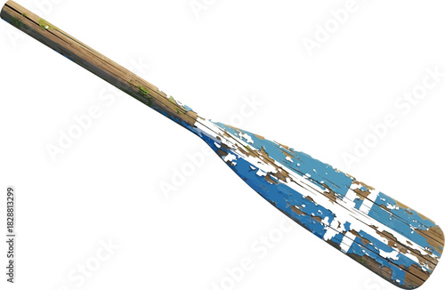 Distressed wooden paddle with peeling blue and white paint on a clean background