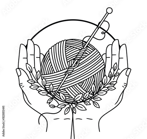 Hands Holding Yarn Ball and Knitting Needle Line Art Illustration