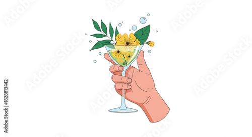 A hand holds a martini glass filled with vibrant yellow flowers and fresh green leaves, symbolizing a refreshing and natural botanical beverage.