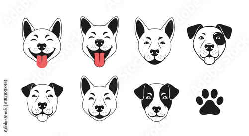 Cute vector illustration set of happy dog faces and a dog paw print, depicting various breeds and joyful expressions.