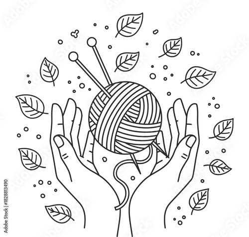 Hands Holding Yarn Ball with Needles and Floating Leaves Line Art