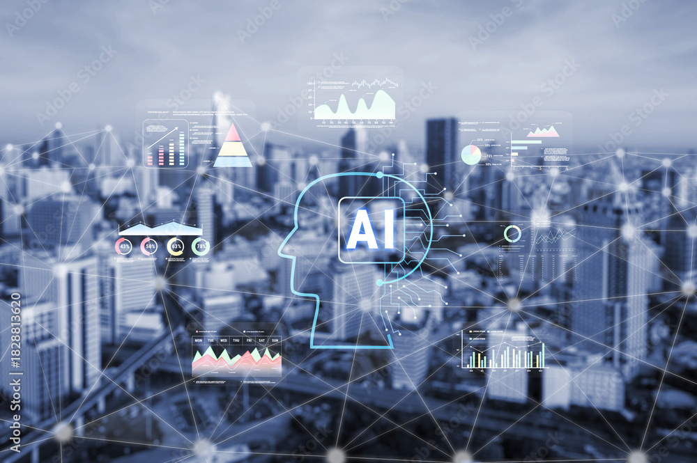 Fototapeta premium AI powered business intelligence for advanced data analysis. A concept of a smart system using AI to interpret and visualize company metrics. Motif