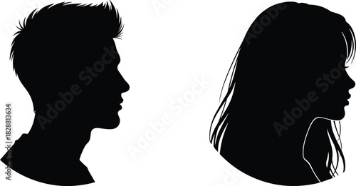 Profile silhouettes, male and female, hairstyle contrast, black outline, minimal design, identity concept, facing each other, head shapes