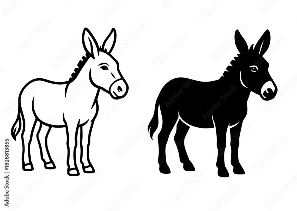Fototapeta premium Vector illustration of a donkey, black and white, outline and silhouette
