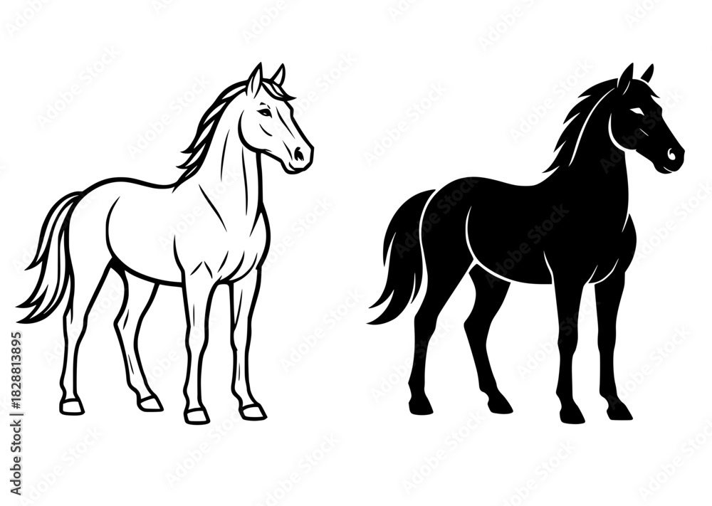 Obraz premium Vector illustration of a horse, black and white, outline and silhouette