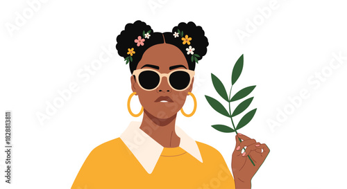 Portrait of a fashionable Black woman with flower-decorated hair and sunglasses, holding a fresh green leaf.
