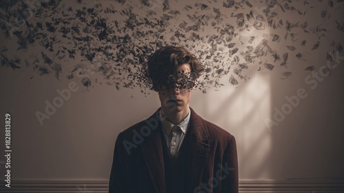 A lone man stands while his face dissolves into a swirling cloud of dark fragments