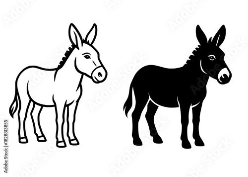 Vector illustration of a donkey, black and white, outline and silhouette