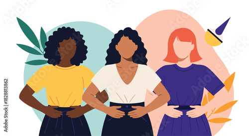 Three diverse women stand together, hands on their bellies, symbolizing unity, wellness, and women's health.