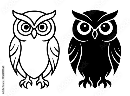 Vector illustration of an owl, black and white, outline and silhouette