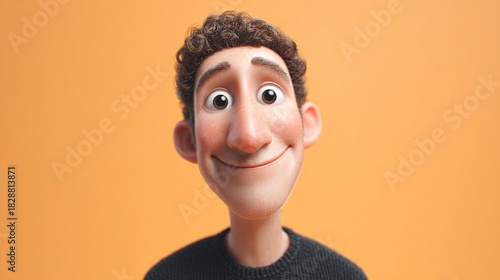 Friendly 3D young man smiles softly against a warm orange background