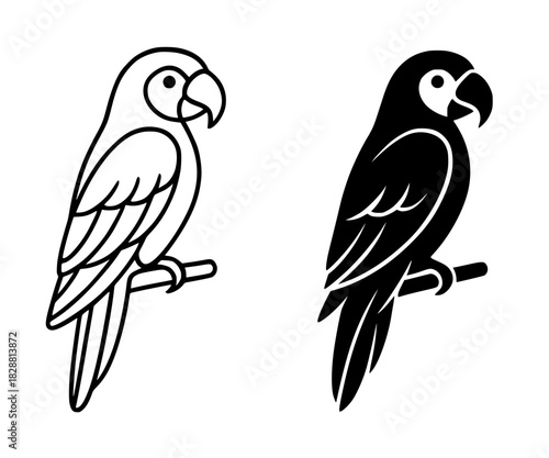 Vector illustration of a parrot, black and white, outline and silhouette