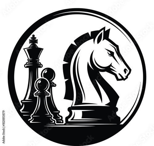 Monochrome chess set featuring knight king and pawns in circular design