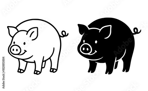 Pig illustration, outline and silhouette versions