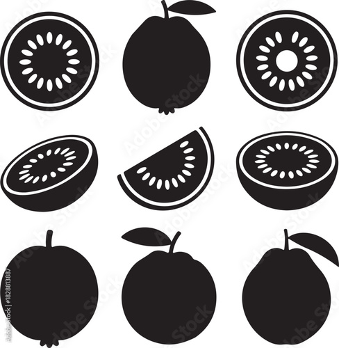 Vector illustration of kiwis and guavas in simple black silhouette
