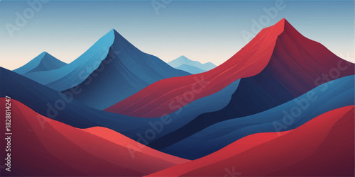 modern layered mountains in denim blue, and red gradients, sleek flowing shapes, clear sky, high-end vector aesthetic