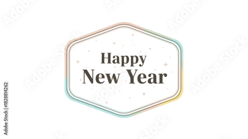 A simple graphic with the text Happy New Year inside a hexagonal frame with a gradient border.