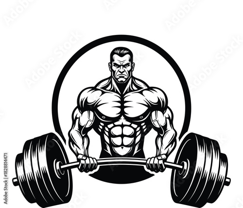 Powerful bodybuilder lifting heavy barbell in monochrome fitness illustration design