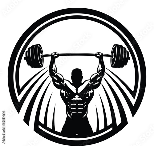 Silhouette of a muscular bodybuilder lifting a barbell in graphic design